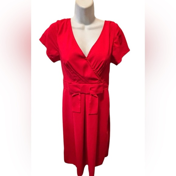 eShakti Custom Red Wrap Dress Sz 6 Short Sleeve Bow Accent Lined - Picture 1 of 7